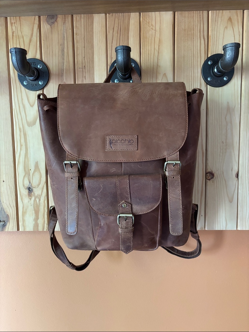 Brown Leather Roll-Top Backpack for Men